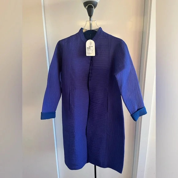NWT Kilol FabIndia Style Silk Quilted Long Jacket Coat Nehru Cobalt Blue Purple